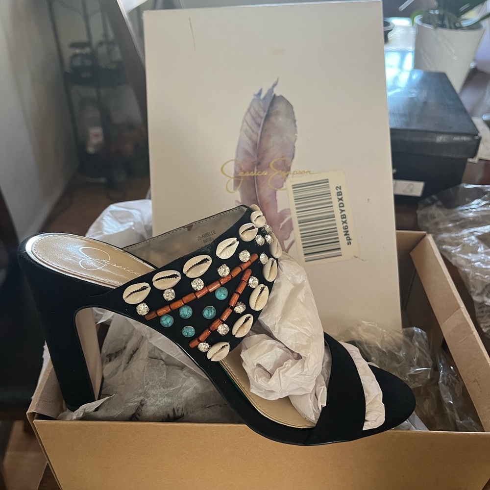 Jessica Simpson Black Heels with Shell and Bead Accents